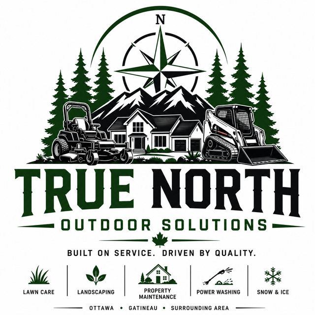 True North Outdoor Solutions logo: compass, pines, mountains, a house and equipment